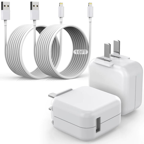 10FT Charger for iPad iPhone2Pack USB Wall ChargeriPad iPhone Charger Fast Charging 12W Foldable Block with 10FT Long USB to Lightning CableFast iPad Charger for iPhone iPad iPad Mini/AirAirPods